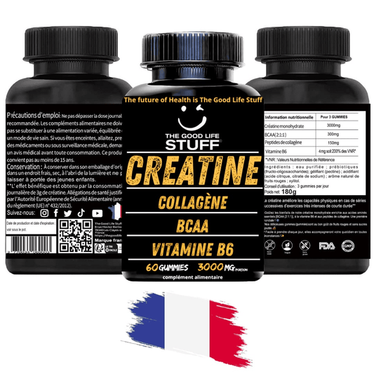 Creatine Monohydrate Gummies 3g/Collagene Marin/Musculation Pre Workout BCAA/Vitamine B6/Sport/Fitness/Vegan/Sans Gluten/Sans OGM/Sans Sucre/Gout Naturel Fraise/Femme/Homme/60 Bonbon Créatine/20 jours