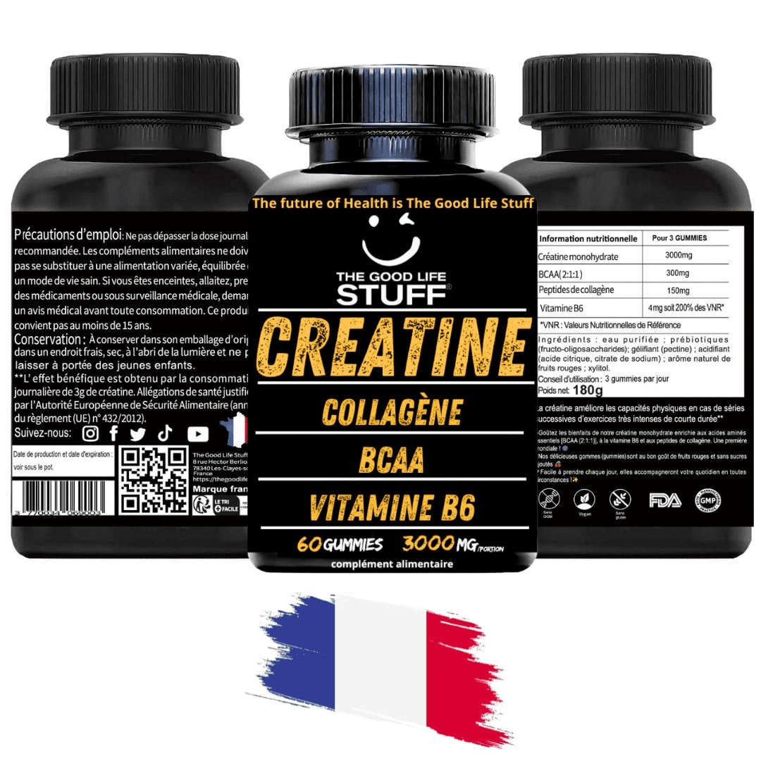 Creatine Monohydrate Gummies 3g/Collagene Marin/Musculation Pre Workout BCAA/Vitamine B6/Sport/Fitness/Vegan/Sans Gluten/Sans OGM/Sans Sucre/Gout Naturel Fraise/Femme/Homme/60 Bonbon Créatine/20 jours The Good Life Stuff