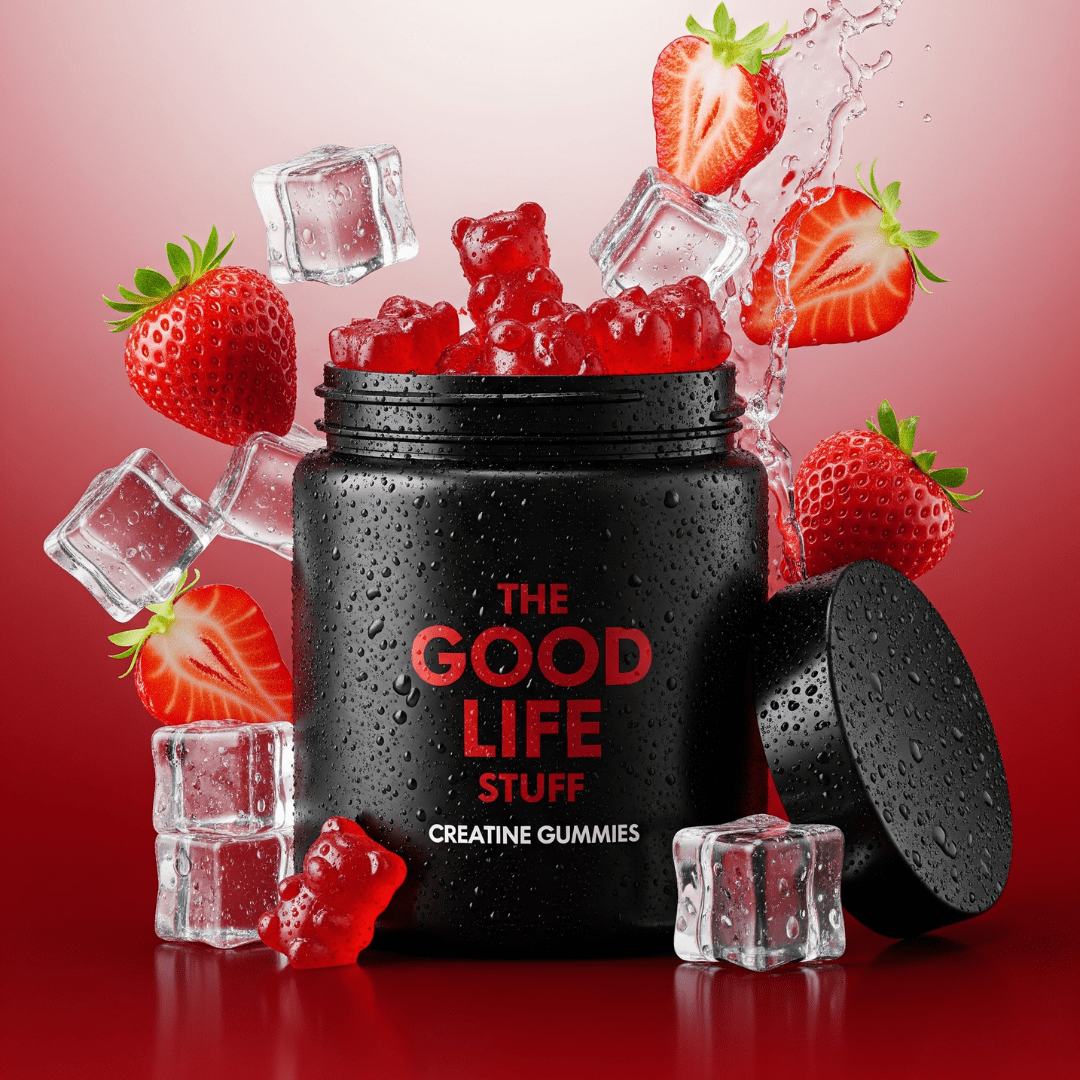 Creatine Monohydrate Gummies 3g/Collagene Marin/Musculation Pre Workout BCAA/Vitamine B6/Sport/Fitness/Vegan/Sans Gluten/Sans OGM/Sans Sucre/Gout Naturel Fraise/Femme/Homme/60 Bonbon Créatine/20 jours The Good Life Stuff