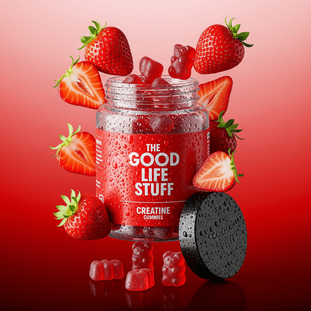 Creatine Monohydrate Gummies 3g/Collagene Marin/Musculation Pre Workout BCAA/Vitamine B6/Sport/Fitness/Vegan/Sans Gluten/Sans OGM/Sans Sucre/Gout Naturel Fraise/Femme/Homme/60 Bonbon Créatine/20 jours The Good Life Stuff