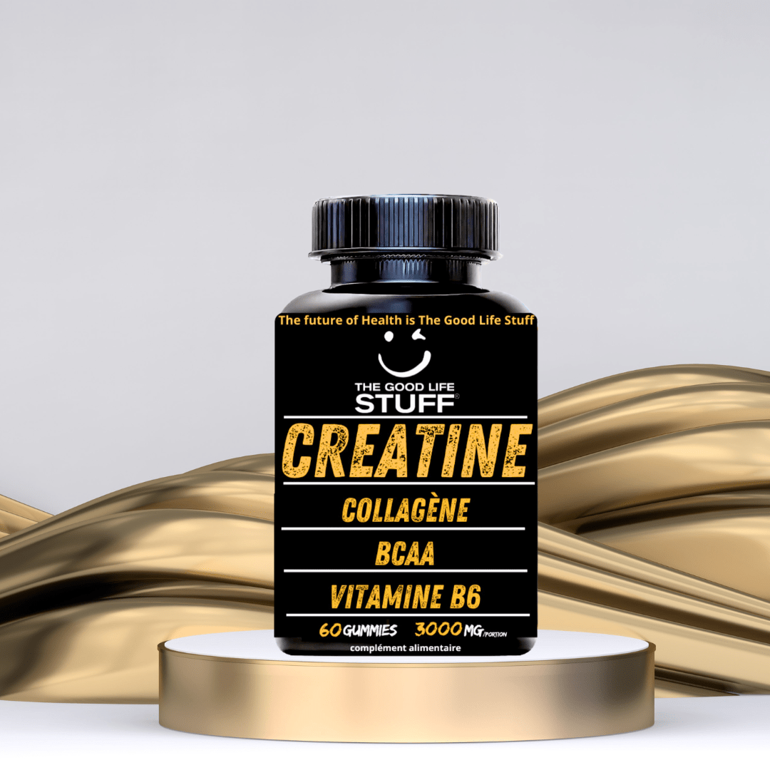 Supplement bottle labeled 'The Good Life Stuff' with ingredients on a gold and gray background. Creatine Monohydrate Gummies 3g/Collagene Marin/Musculation Pre Workout BCAA/Vitamine B6/Sport/Fitness/Vegan/Sans Gluten/Sans OGM/Sans Sucre/Gout Naturel Fraise/Femme/Homme/60 Bonbon Créatine/20 jours The Good Life Stuff