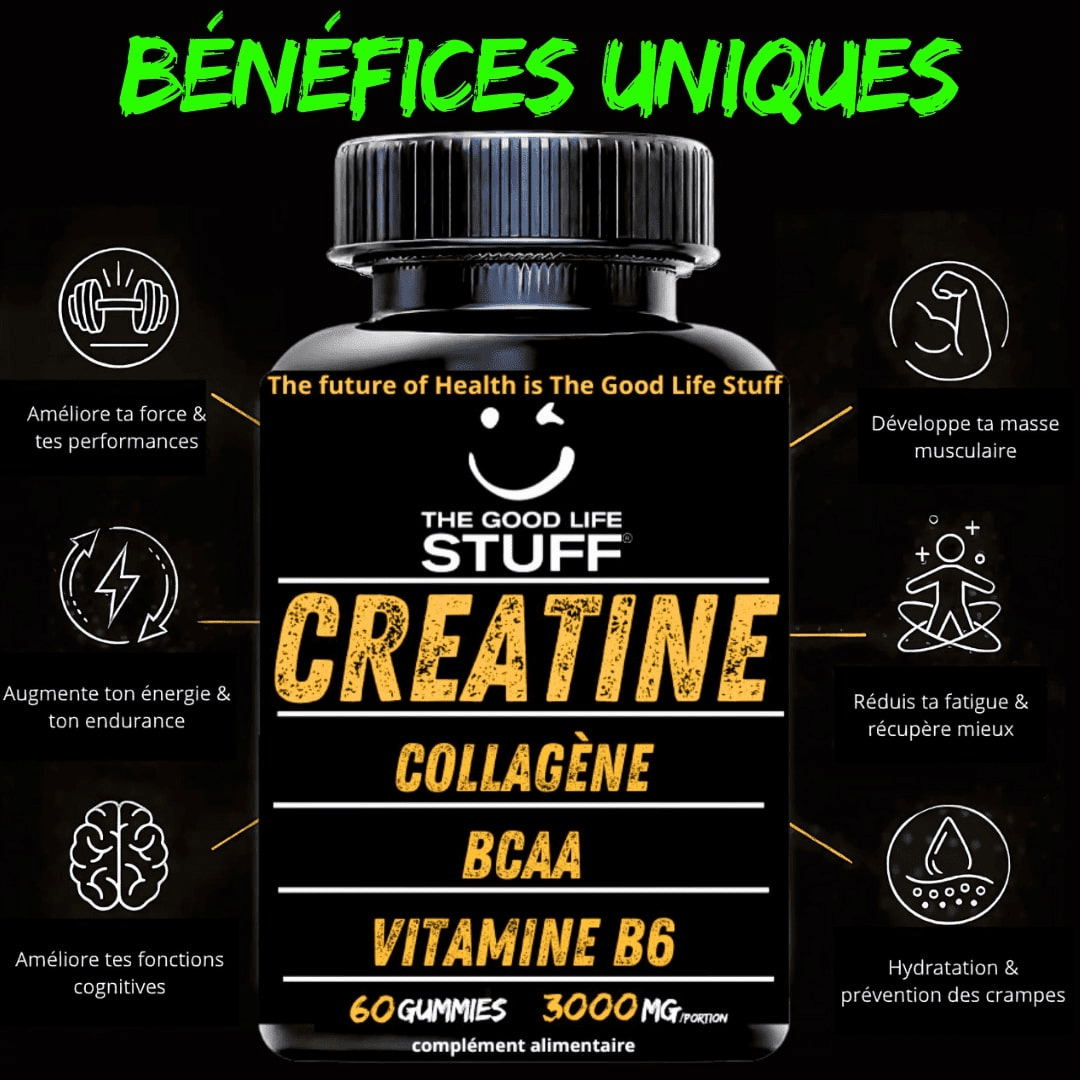 Creatine Monohydrate Gummies 3g/Collagene Marin/Musculation Pre Workout BCAA/Vitamine B6/Sport/Fitness/Vegan/Sans Gluten/Sans OGM/Sans Sucre/Gout Naturel Fraise/Femme/Homme/60 Bonbon Créatine/20 jours The Good Life Stuff