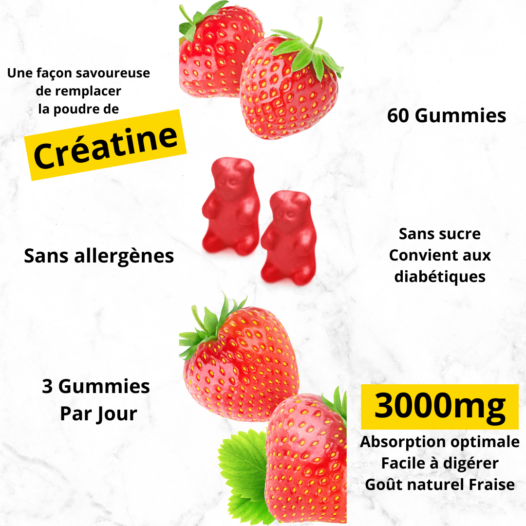 Strawberry gummy supplement packaging with text in French about creatine replacement, sugar-free, and suitable for diabetics. Creatine Monohydrate Gummies 3g/Collagene Marin/Musculation Pre Workout BCAA/Vitamine B6/Sport/Fitness/Vegan/Sans Gluten/Sans OGM/Sans Sucre/Gout Naturel Fraise/Femme/Homme/60 Bonbon Créatine/20 jours The Good Life Stuff