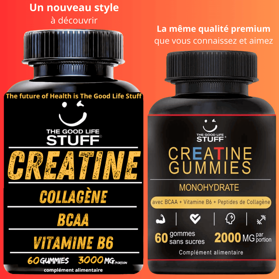 Creatine Monohydrate Gummies 3g/Collagene Marin/Musculation Pre Workout BCAA/Vitamine B6/Sport/Fitness/Vegan/Sans Gluten/Sans OGM/Sans Sucre/Gout Naturel Fraise/Femme/Homme/60 Bonbon Créatine/20 jours The Good Life Stuff