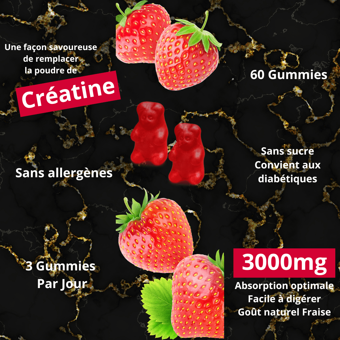 Creatine Monohydrate Gummies 3g/Collagene Marin/Musculation Pre Workout BCAA/Vitamine B6/Sport/Fitness/Vegan/Sans Gluten/Sans OGM/Sans Sucre/Gout Naturel Fraise/Femme/Homme/60 Bonbon Créatine/20 jours The Good Life Stuff