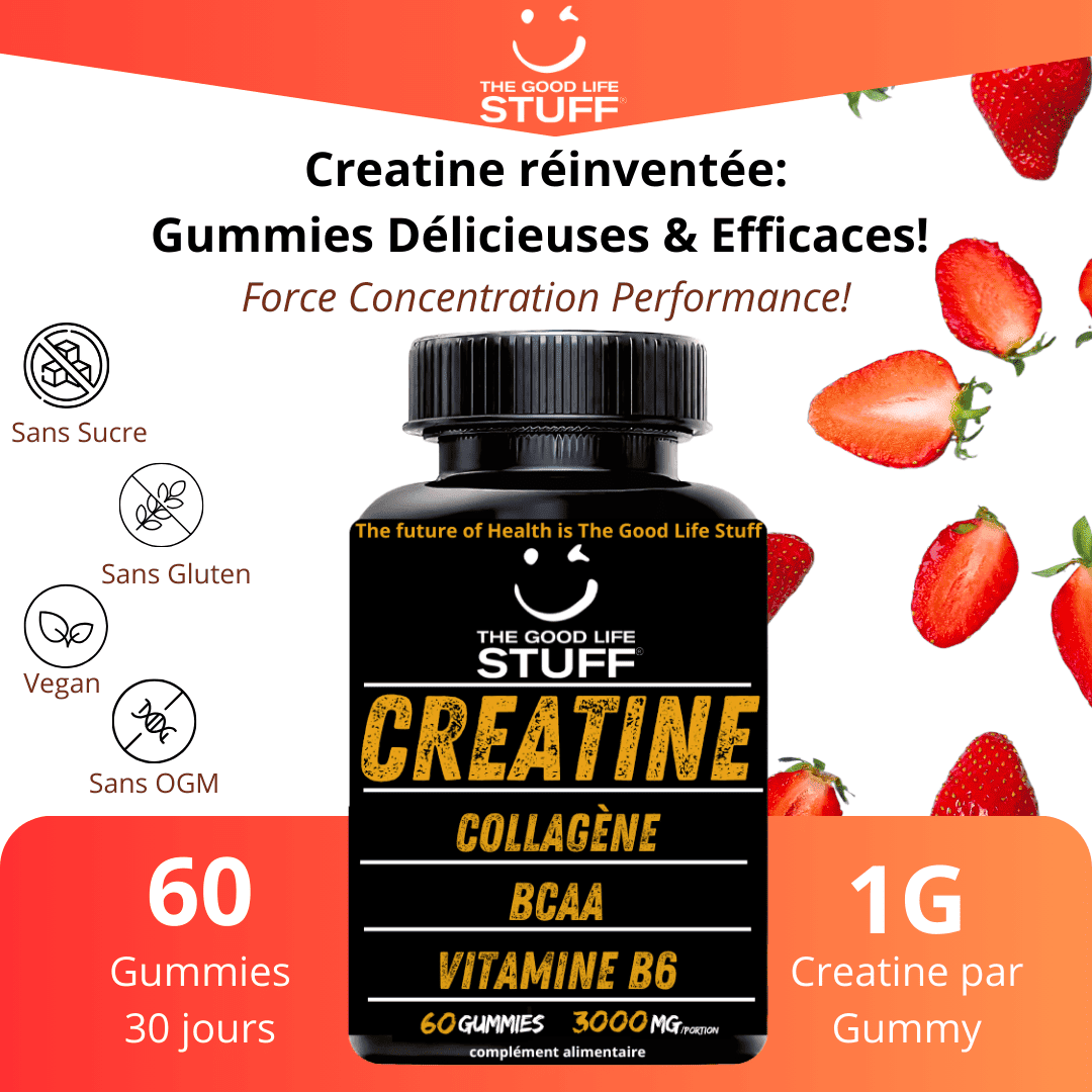 Creatine Monohydrate Gummies 3g/Collagene Marin/Musculation Pre Workout BCAA/Vitamine B6/Sport/Fitness/Vegan/Sans Gluten/Sans OGM/Sans Sucre/Gout Naturel Fraise/Femme/Homme/60 Bonbon Créatine/20 jours The Good Life Stuff