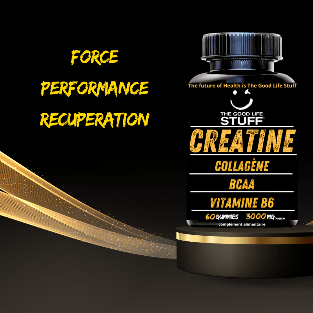 Creatine Monohydrate Gummies 3g/Collagene Marin/Musculation Pre Workout BCAA/Vitamine B6/Sport/Fitness/Vegan/Sans Gluten/Sans OGM/Sans Sucre/Gout Naturel Fraise/Femme/Homme/60 Bonbon Créatine/20 jours The Good Life Stuff