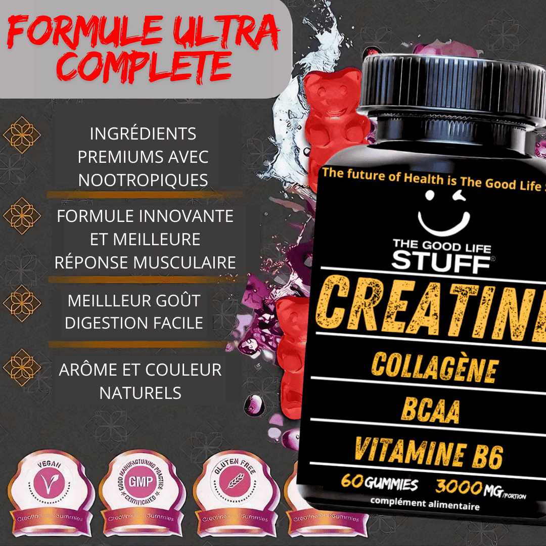 Creatine Monohydrate Gummies 3g/Musculation BCAA Pre Workout/Collagene/Vitamine B6/Sport/Fitness/Vegan/Sans Gluten/Sans OGM/Sans Sucre/Gout Naturel Fraise/Femme/Homme/60 Bonbon Créatine Santé/20 jours