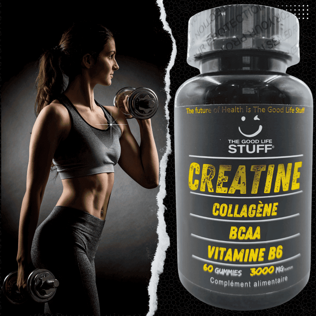 Creatine Monohydrate Gummies 3g/Collagene Marin/Musculation Pre Workout BCAA/Vitamine B6/Sport/Fitness/Vegan/Sans Gluten/Sans OGM/Sans Sucre/Gout Naturel Fraise/Femme/Homme/60 Bonbon Créatine/20 jours The Good Life Stuff