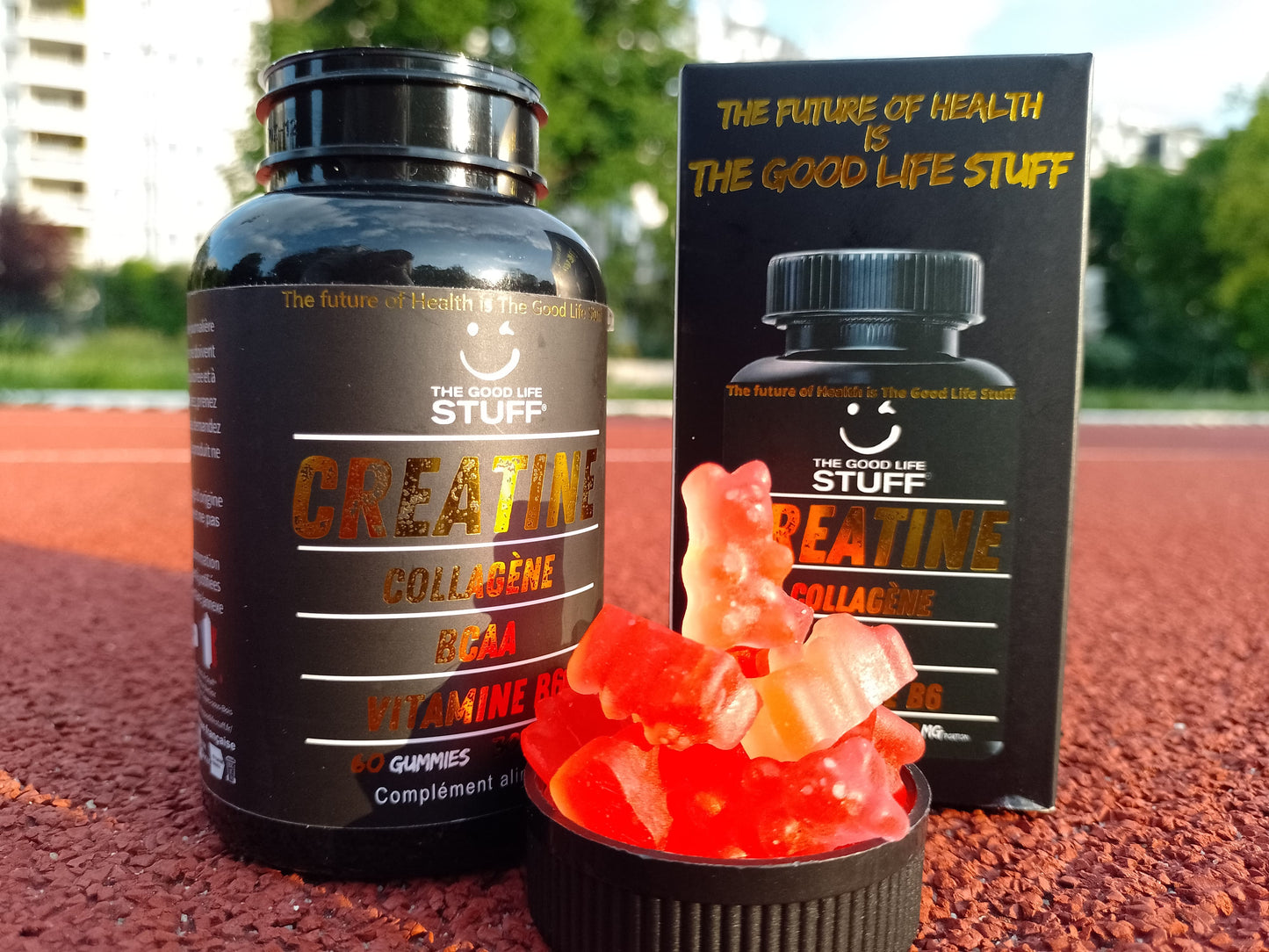 Creatine Monohydrate Gummies 3g/Collagene Marin/Musculation Pre Workout BCAA/Vitamine B6/Sport/Fitness/Vegan/Sans Gluten/Sans OGM/Sans Sucre/Gout Naturel Fraise/Femme/Homme/60 Bonbon Créatine/20 jours The Good Life Stuff