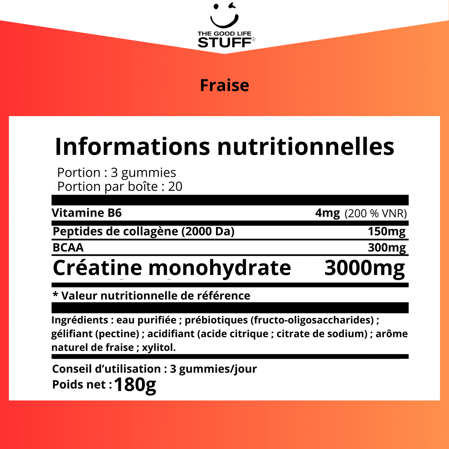 Creatine Monohydrate Gummies 3g/Collagene Marin/Musculation Pre Workout BCAA/Vitamine B6/Sport/Fitness/Vegan/Sans Gluten/Sans OGM/Sans Sucre/Gout Naturel Fraise/Femme/Homme/60 Bonbon Créatine/20 jours The Good Life Stuff
