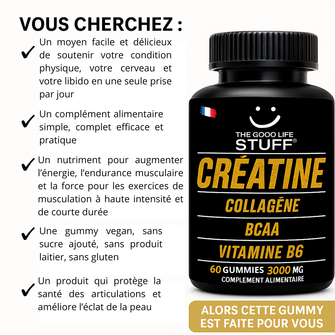 Bottle of supplements with text in French highlighting its benefits. Creatine Monohydrate Gummies 3g/Collagene Marin/Musculation Pre Workout BCAA/Vitamine B6/Sport/Fitness/Vegan/Sans Gluten/Sans OGM/Sans Sucre/Gout Naturel Fraise/Femme/Homme/60 Bonbon Créatine/20 jours The Good Life Stuff