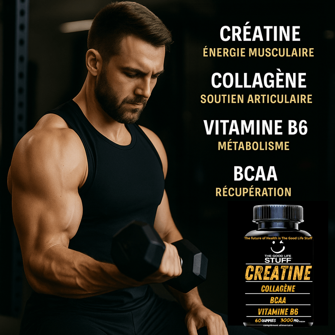 Muscular man lifting weights with supplement bottle and product name text on a dark background