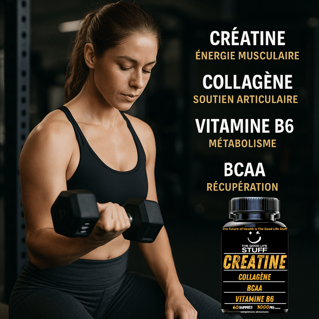 Creatine Monohydrate Gummies 3g/Collagene Marin/Musculation Pre Workout BCAA/Vitamine B6/Sport/Fitness/Vegan/Sans Gluten/Sans OGM/Sans Sucre/Gout Naturel Fraise/Femme/Homme/60 Bonbon Créatine/20 jours The Good Life Stuff