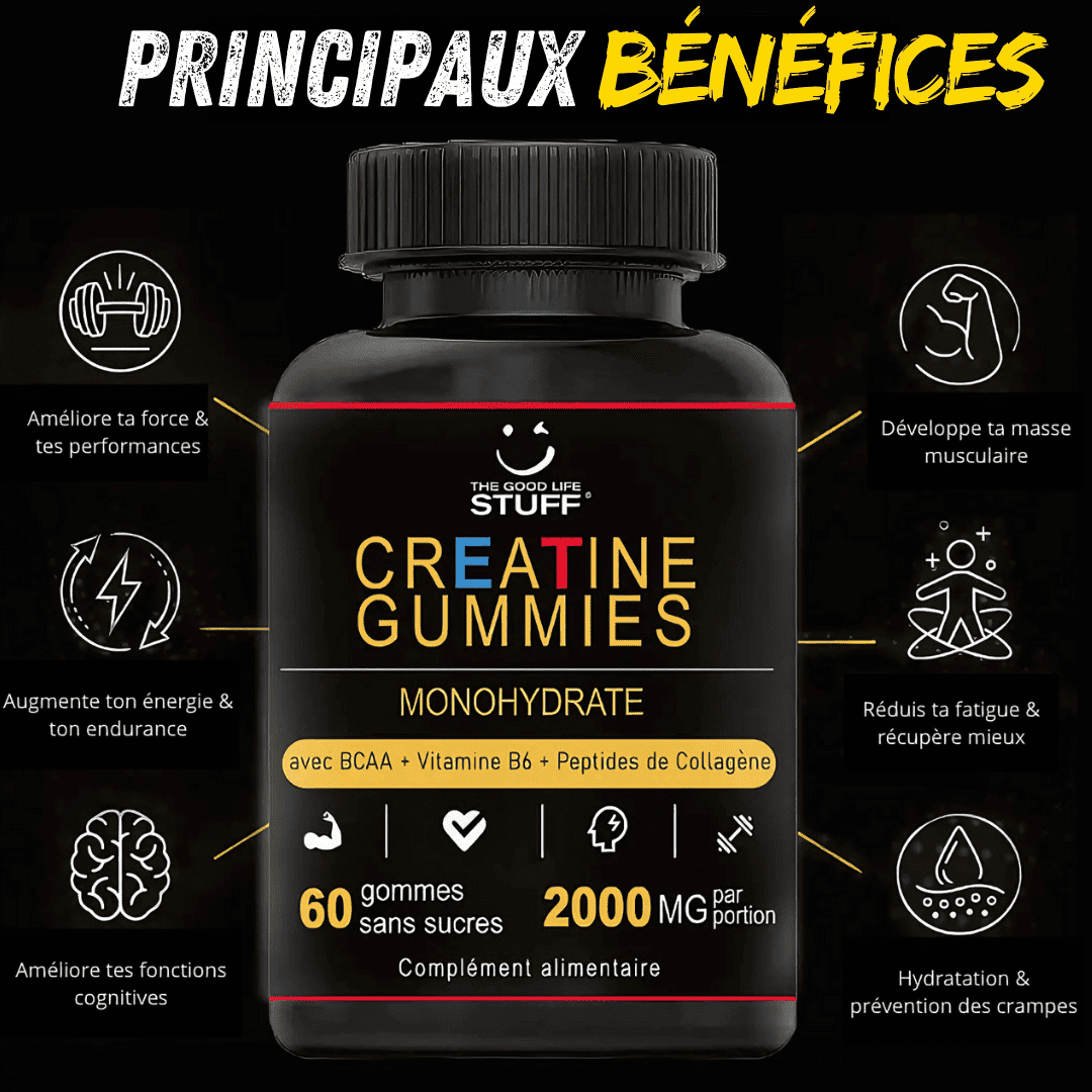 Creatine Monohydrate Gummies bottle on black pictures with all features.