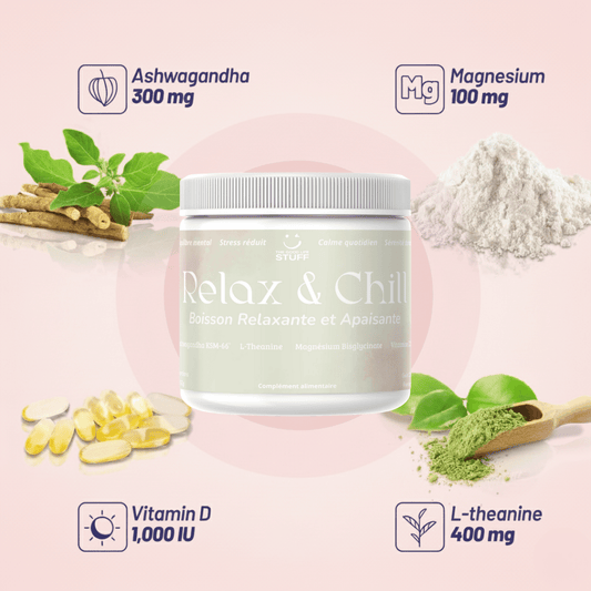 Boisson Relaxation & Sommeil/Ashwagandha KSM-66/Magnesium Bisglycinate/L Theanine/Vitamin d/Réduit Cortisol, Stress, Fatigue/Magnesium Focus & Equilibre/Vegan, Sans Sucre Sans OGM/Femme/Homme/Enfant