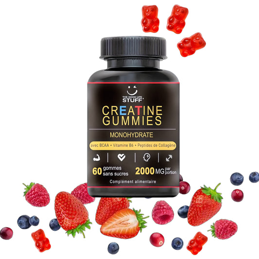 Beautiful creatine monohydrate gummies avec des bcaa pour la musculation en pre workout avec du collagène et de la vitamin b6 de The Good Life Stuff