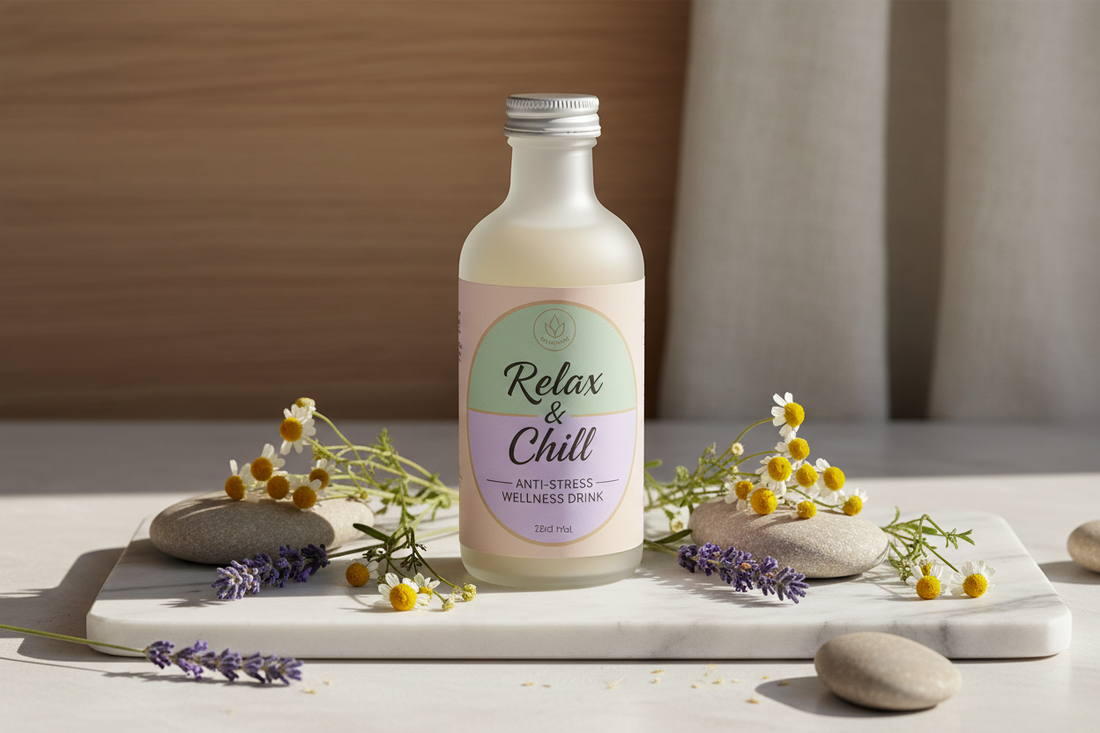 Relax & Chill Boisson Relaxation Anti-Stress/Ashwagandha KSM-66, L theanine, Magnesium Bisglycinate & Vitamine D/Baisse Cortisol & Stress, Améliore Détente et Qualité du Sommeil/Sans Cafeine ni Sucre