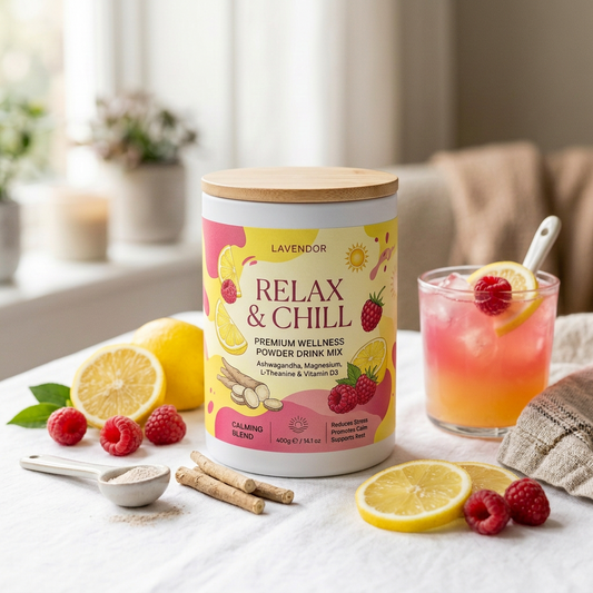 Boisson en poudre Relax & Chill : ashwagandha KSM-66, bisglycinate de magnésium, L-théanine et vitamine D3 Relax & Chill powder drink mix with ashwagandha KSM-66, magnesium bisglycinate, L-theanine and vitamin D3