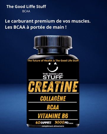 Supplement bottle labeled 'The Good Life Stuff' with text on a blue background