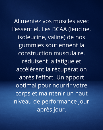 Blue background with white text about creatine monohydrate gummies with BCAA on a blue background