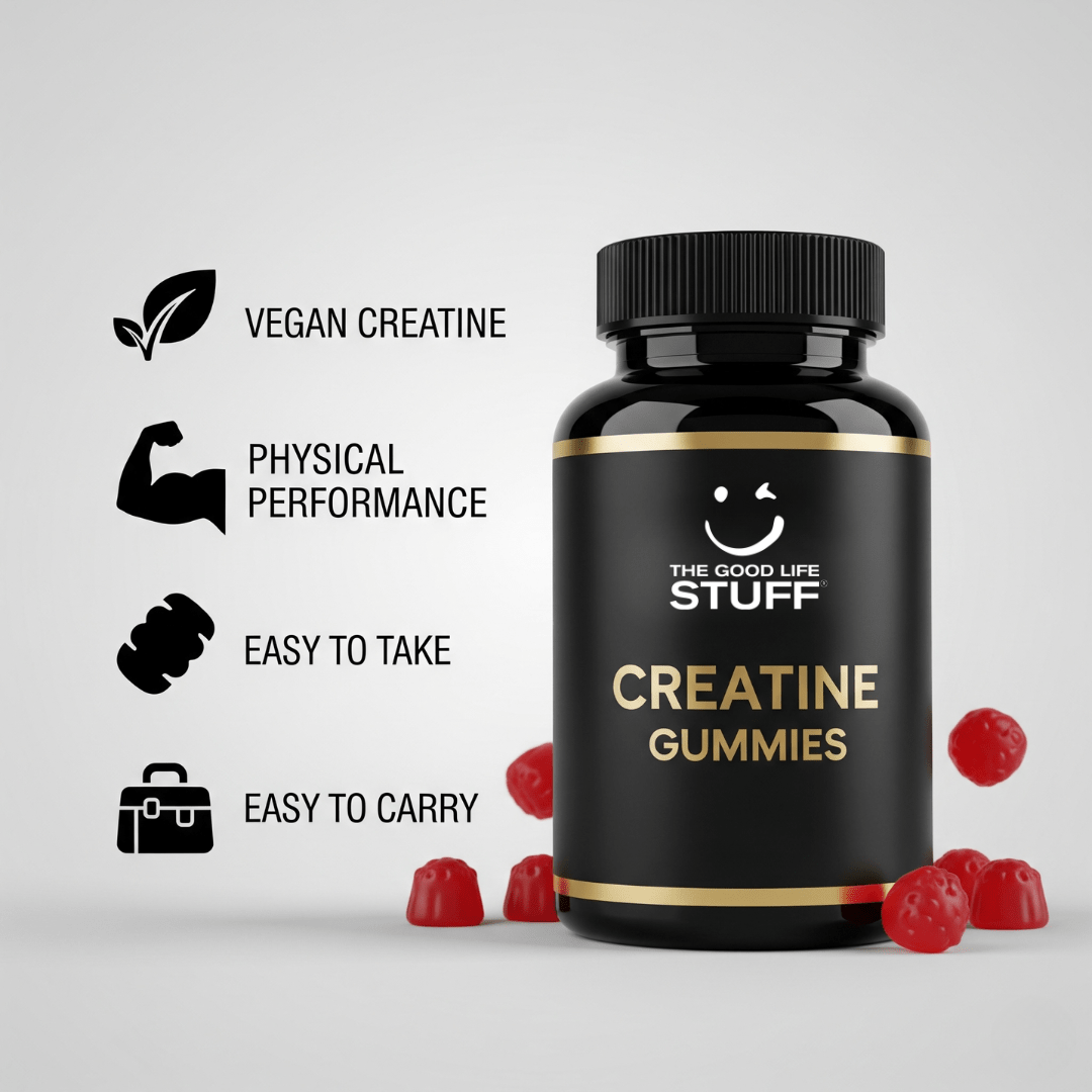 Gommes à la créatine monohydrate 3 g/Collagène marin/Musculation Pré-entraînement BCAA/Vitamine B6/Sport/Fitness/Végétalien/Sans gluten/Sans OGM/Sans sucre/Saveur naturelle fraise/Femme/Homme/60 bonbons à la créatine/20 jours The Good Life Stuff