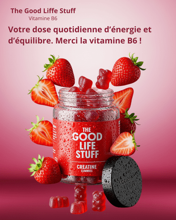 Jar of 'The Good Life Stuff' with gummy bears and strawberries on a pink background