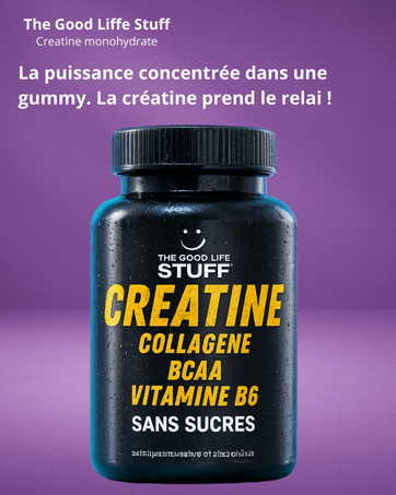 Supplement bottle labeled 'The Good Life Stuff' on a purple background