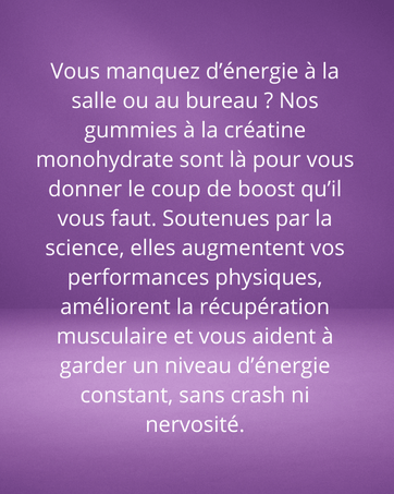 Purple background with white text about creatine monohydrate gummies on a purple background