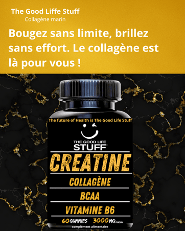 Supplement bottle labeled 'The Good Life Stuff' with text in French on a black and gold background