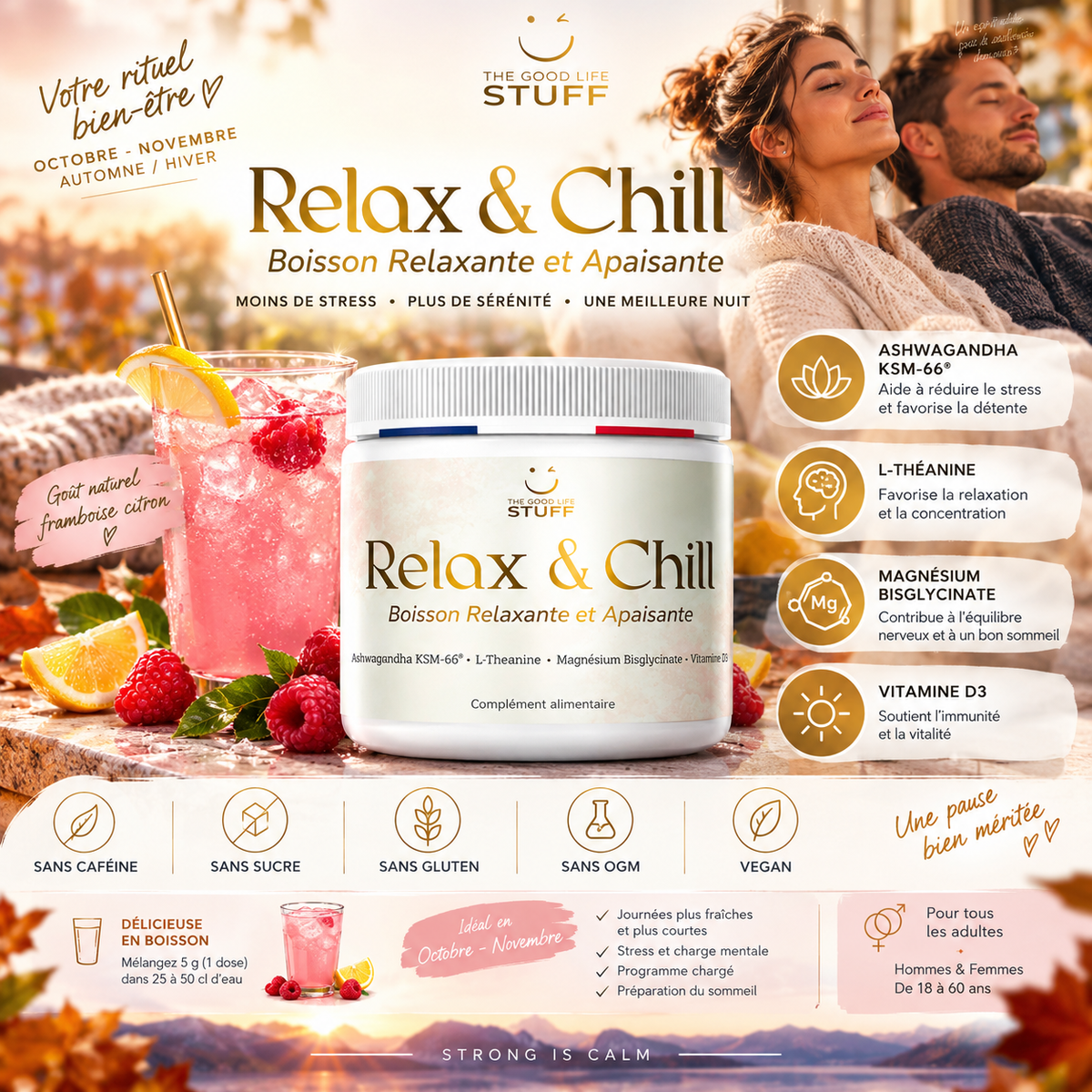 Boisson AntiStress Naturelle Ashwagandha LTheanine Magnesium VitaminD3 The Good Life Stuff®