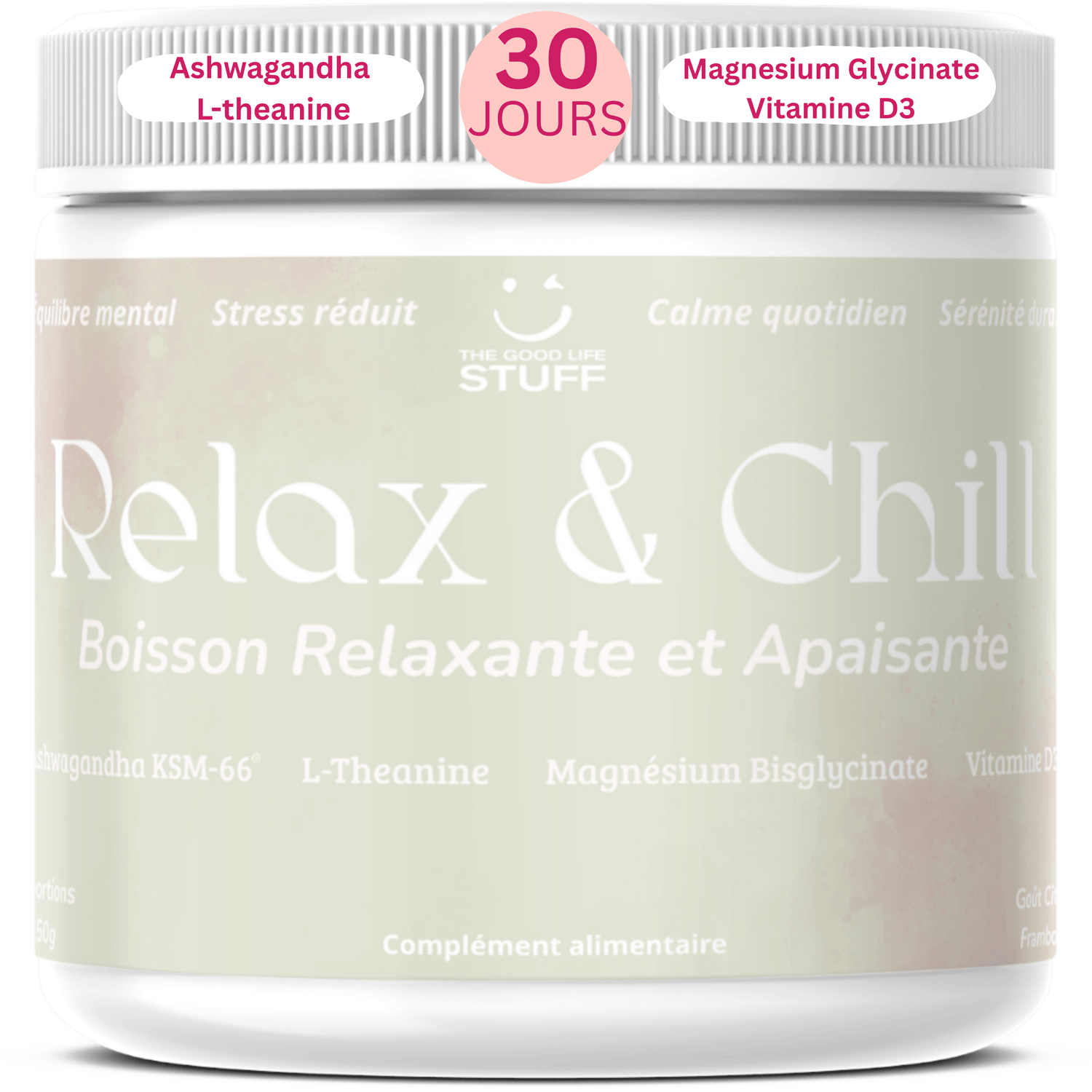 Jar of 'Relax & Chill' drink mix with ingredients listed on a white background