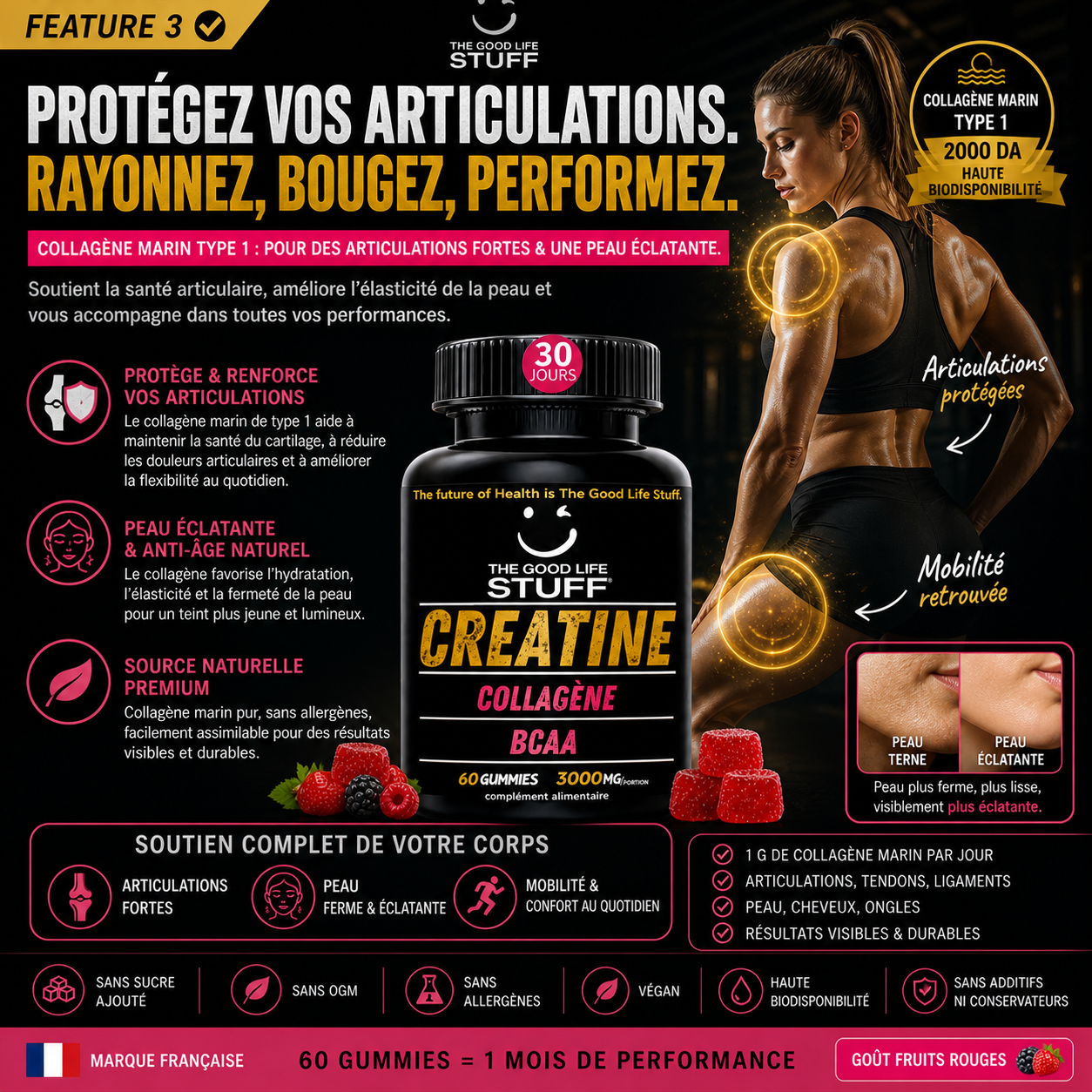 Advertisement for 'The Good Life Stuff' creatine and collagen supplement with a woman and text in French.