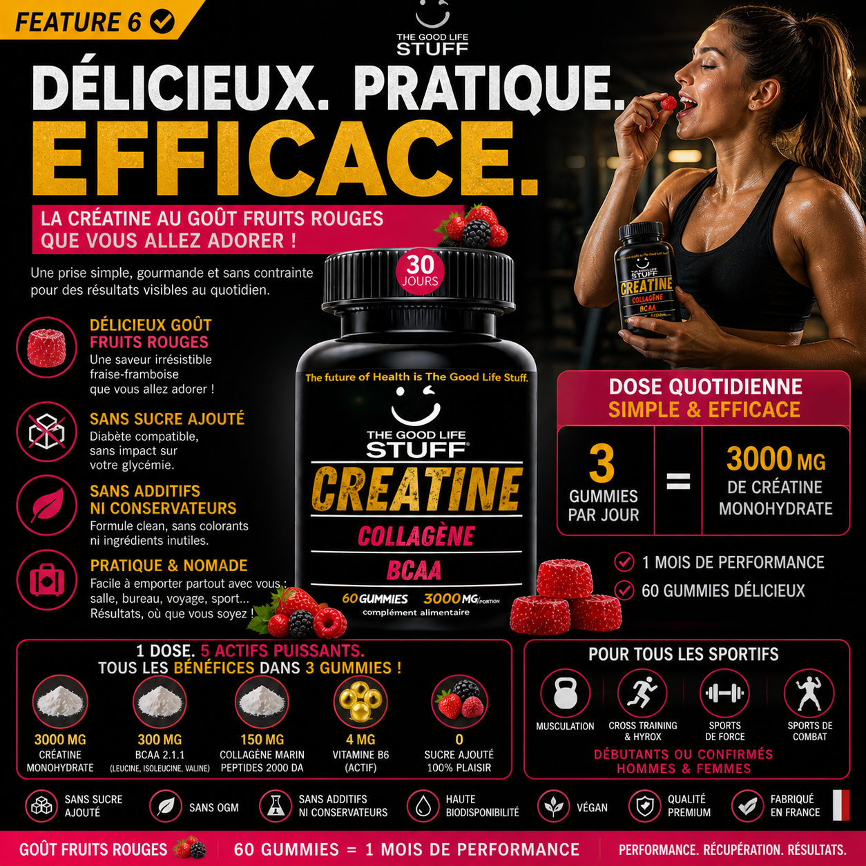 Product advertisement for 'The Good Life Stuff' creatine supplement with a woman eating gummies.
