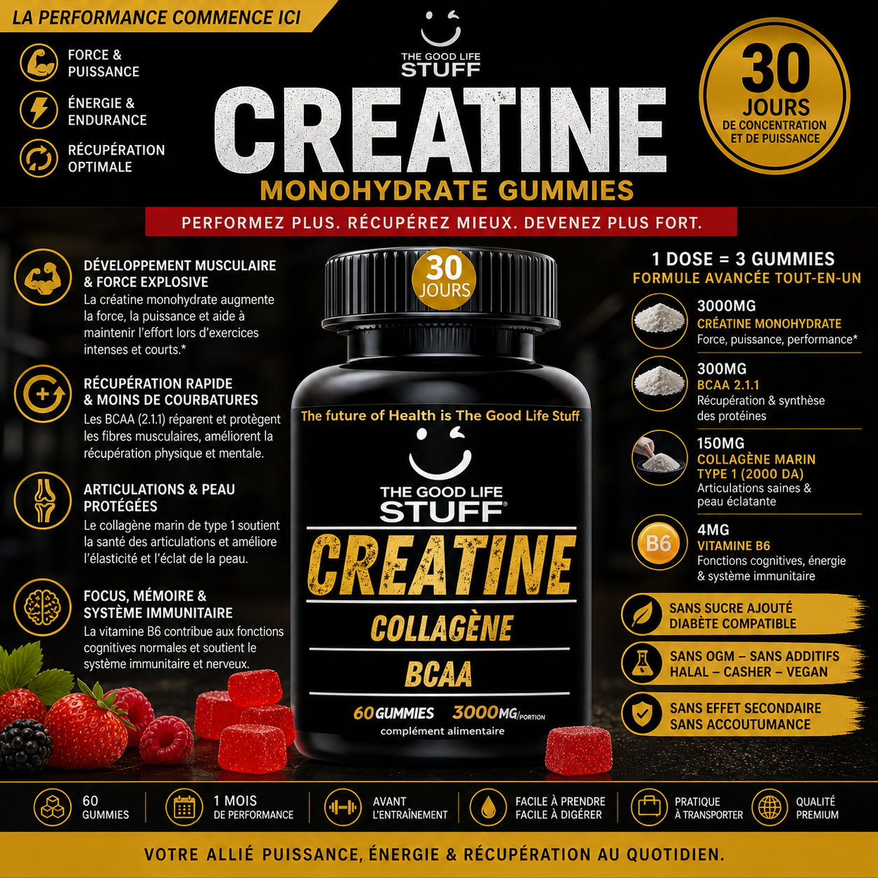 Promotional image of 'The Good Life Stuff' creatine monohydrate gummies packaging with text and graphics.