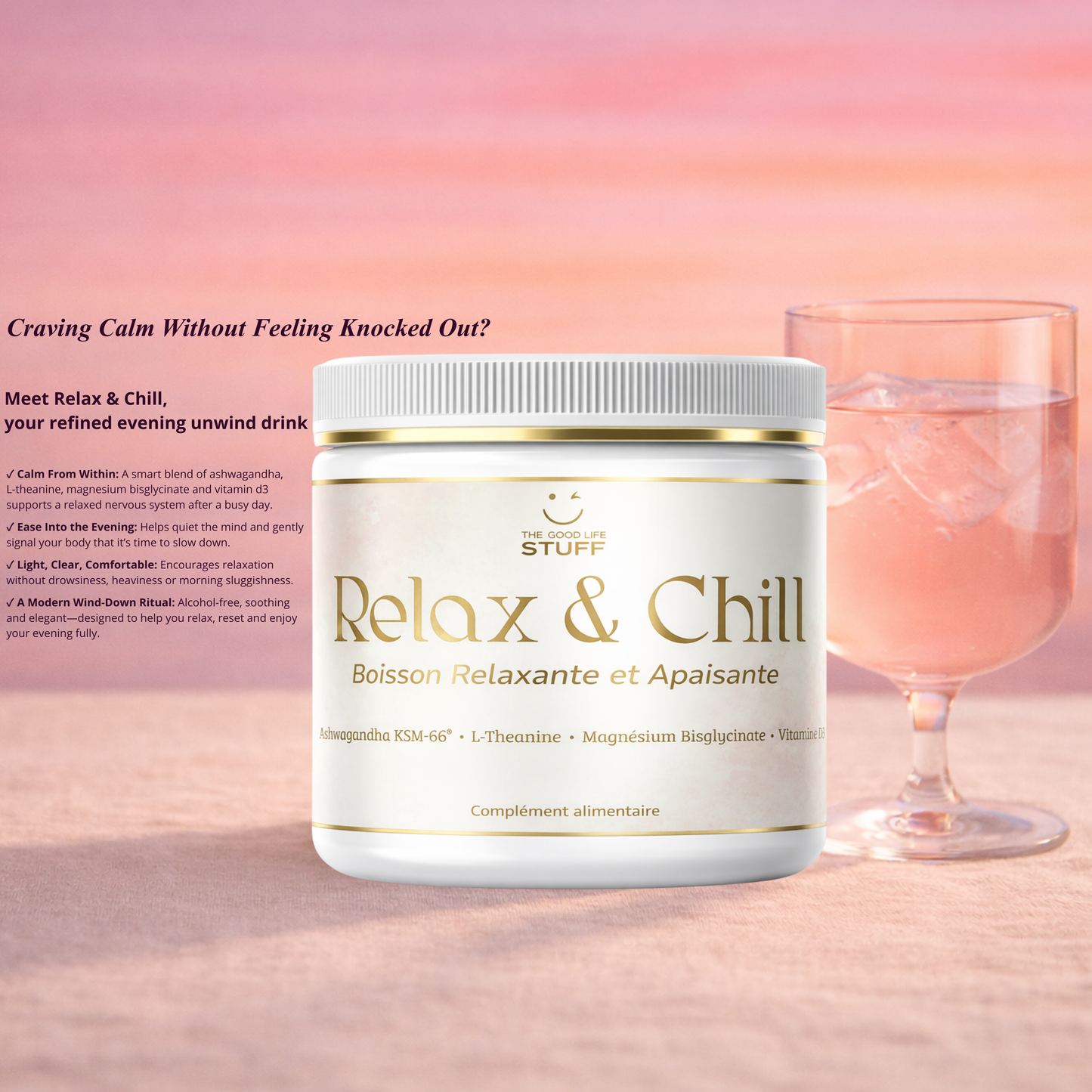 Container of 'Relax & Chill' drink mix with a glass of pink liquid on a gradient background