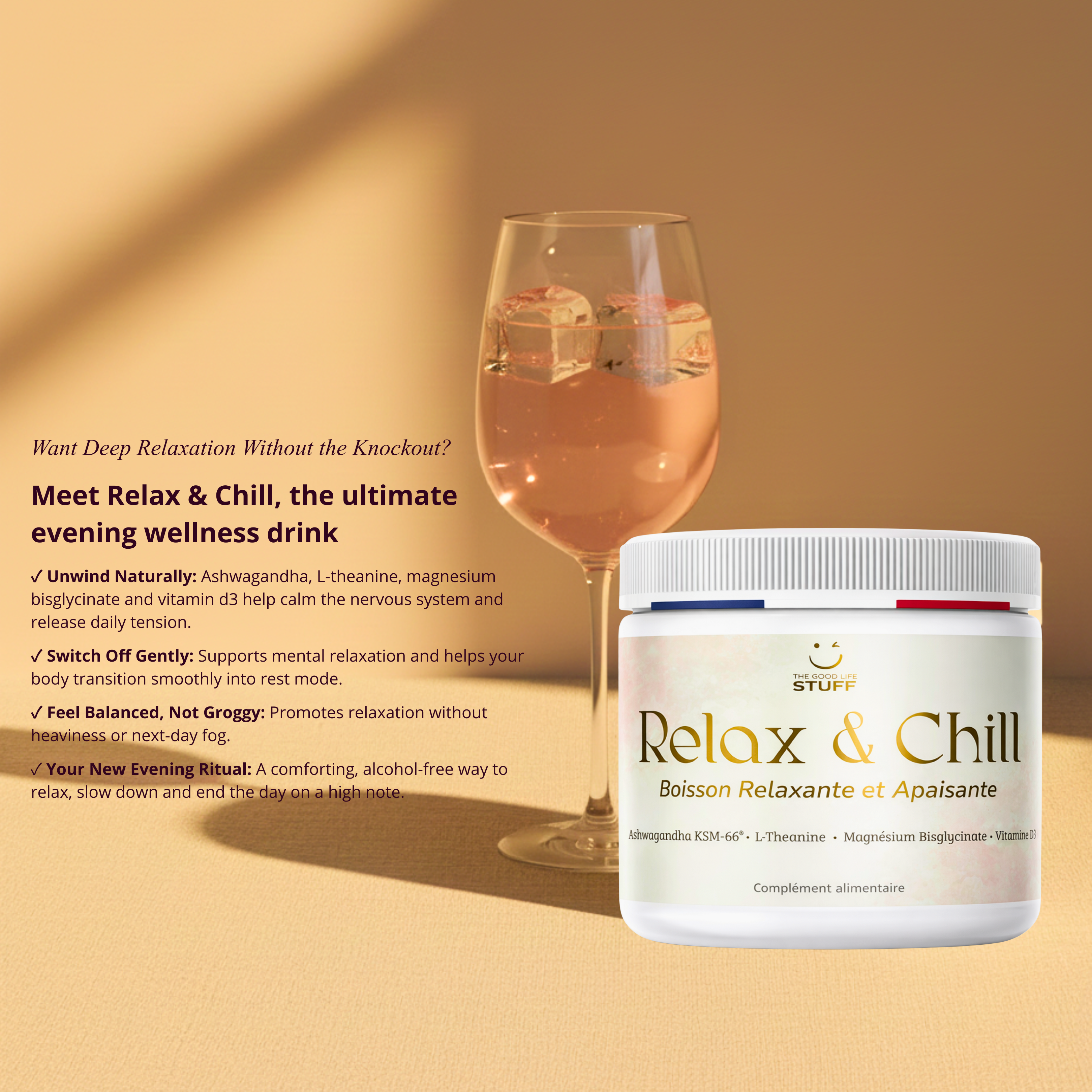 Relax & Chill wellness drink container with a glass of the drink on a warm background