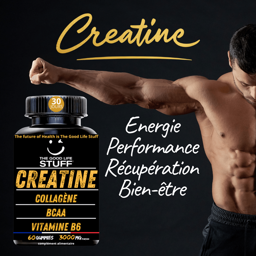 Product advertisement for 'The Good Life Stuff' creatine supplement with a muscular person flexing.