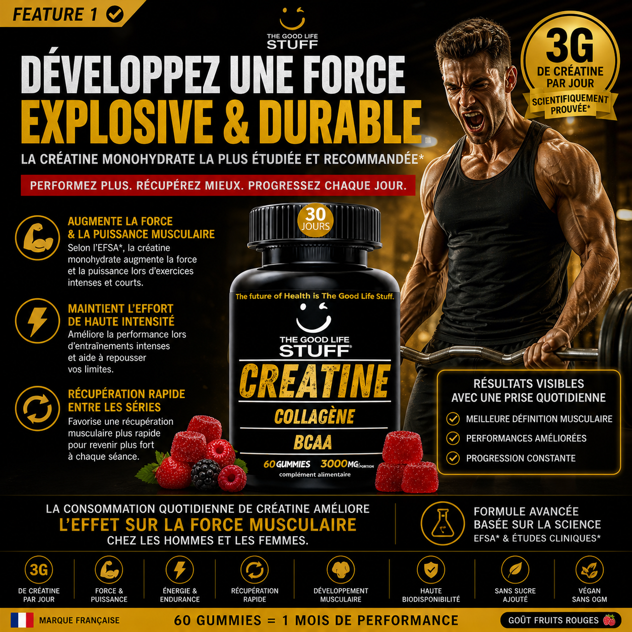 Advertisement for 'The Good Life Stuff' creatine supplement with a muscular man and product packaging.