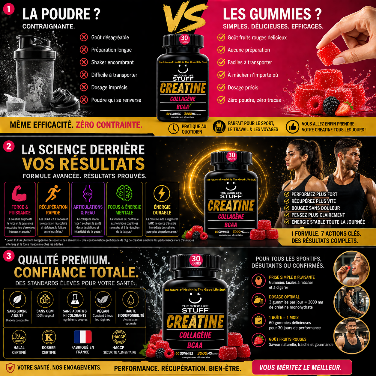 Product advertisement for a creatine supplement with text and images of the product and benefits.