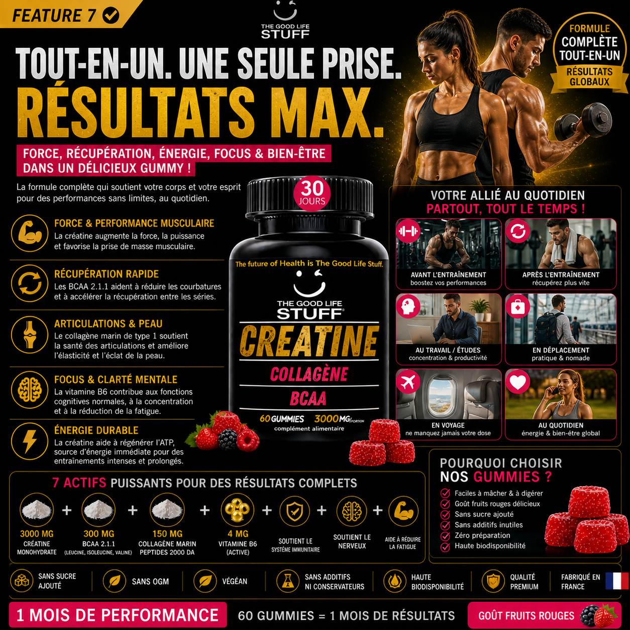 Advertisement for 'The Good Life Stuff' creatine gummies with a man and woman, product packaging, and promotional text.