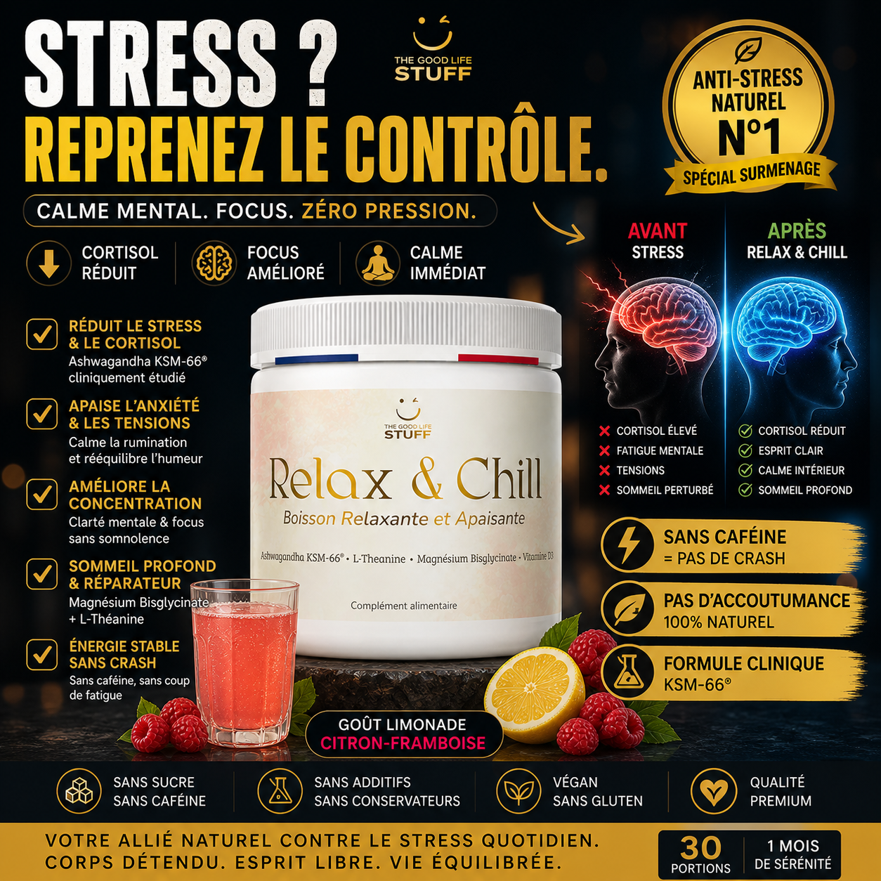 Advertisement for 'Relax & Chill' product with text about stress relief and brain imagery.