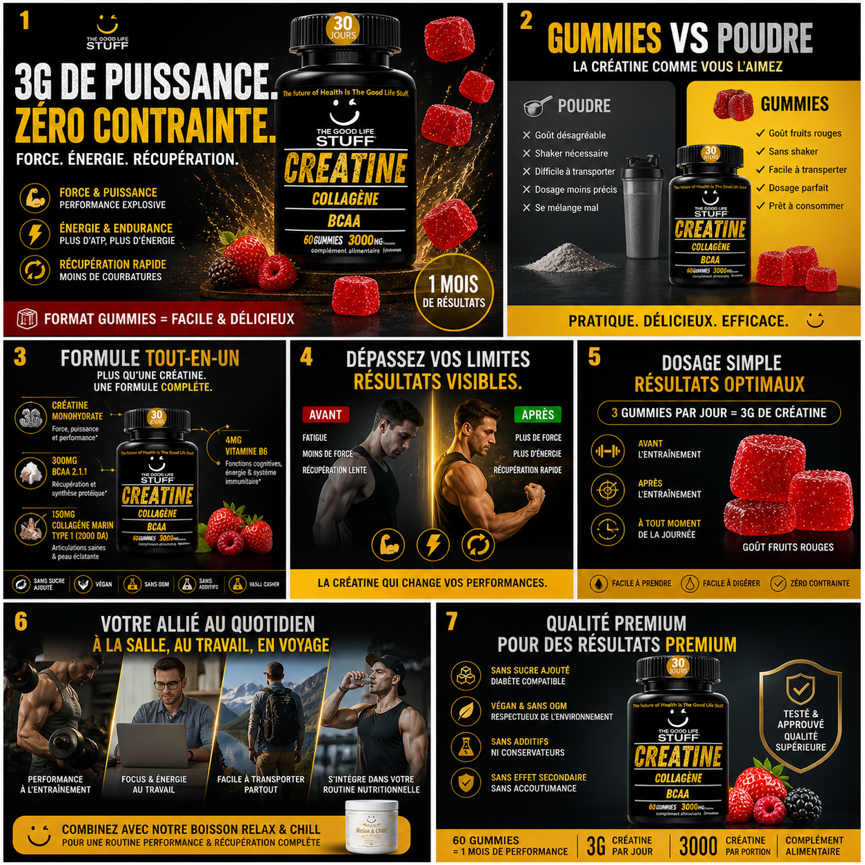 Promotional graphic for a creatine supplement with gummies, powder, and capsules, featuring text and images of people using the product.