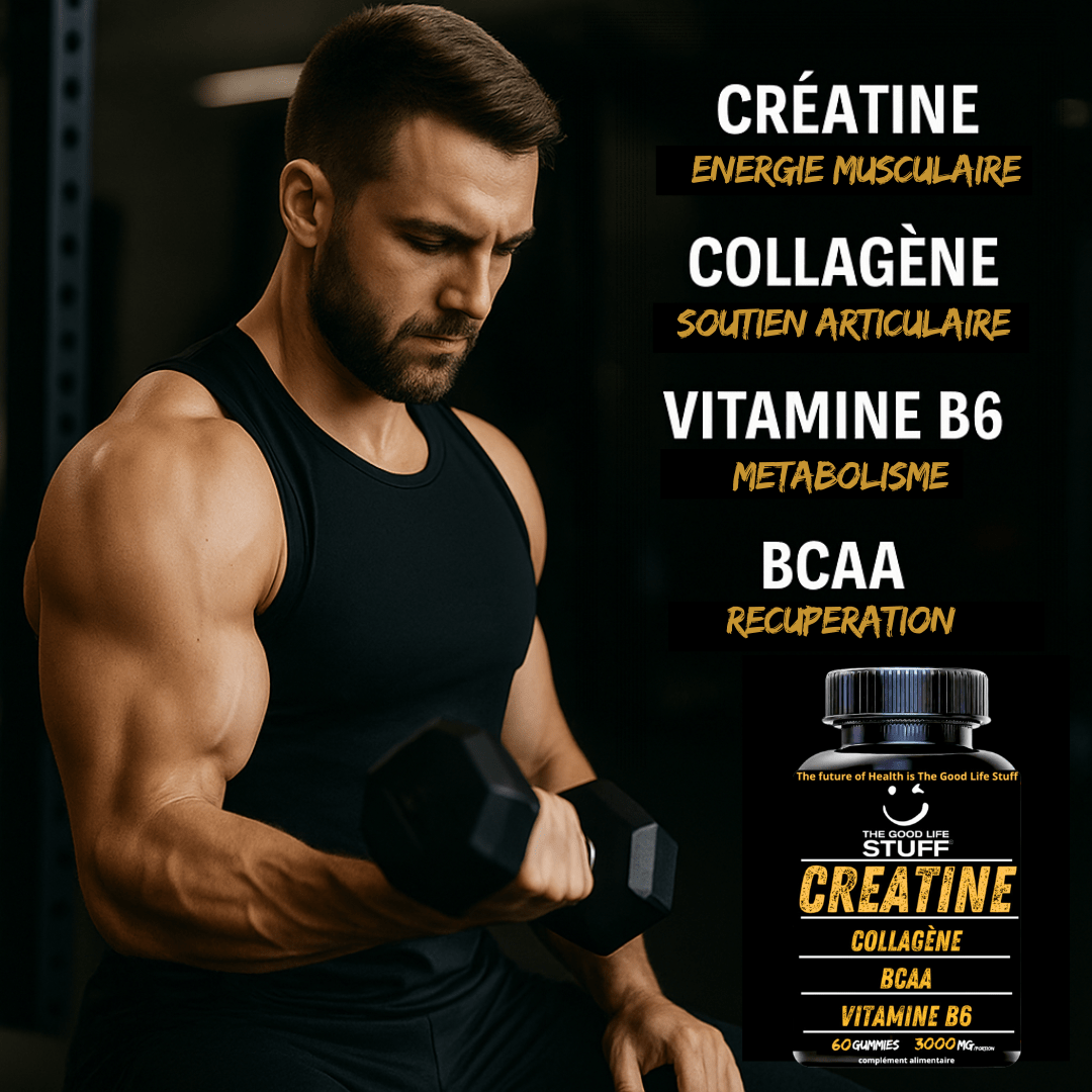 Muscular man lifting weights with a supplement bottle labeled 'The STUFF' on a dark background