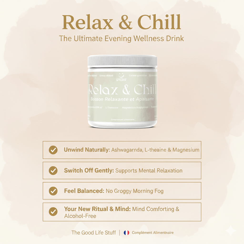 Container of 'Relax & Chill' wellness drink with product details on a beige background