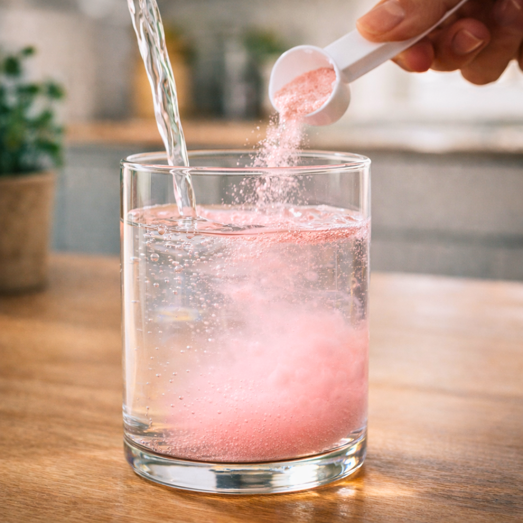 un verre rempli avec de l'eau et la poudre Relax & Chill