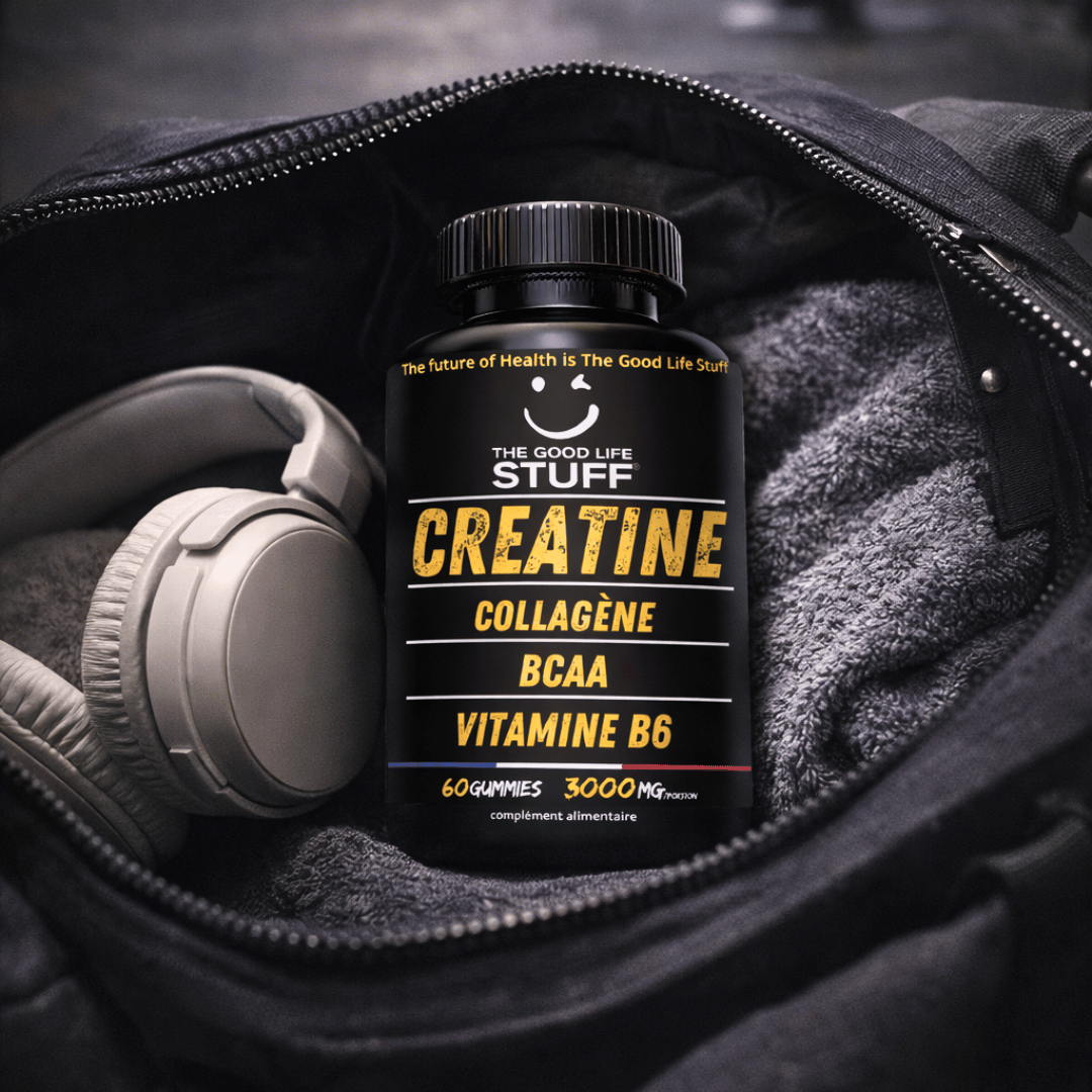 pot de creatine gummies the good life stuff dans un sac de sport avec des écouteurs à côté