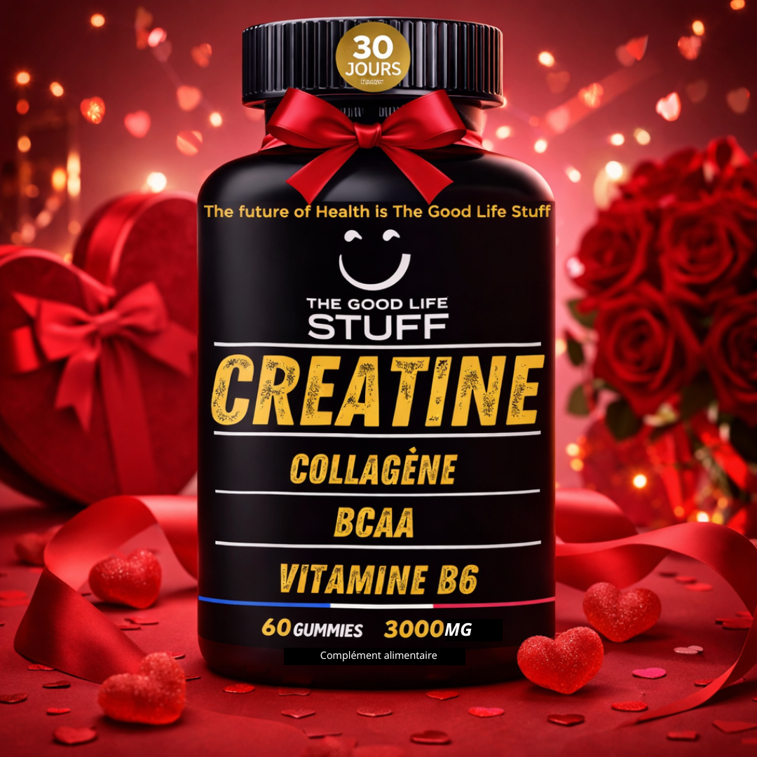 Supplement bottle labeled 'The Good Life Stuff' with Valentine's Day-themed background