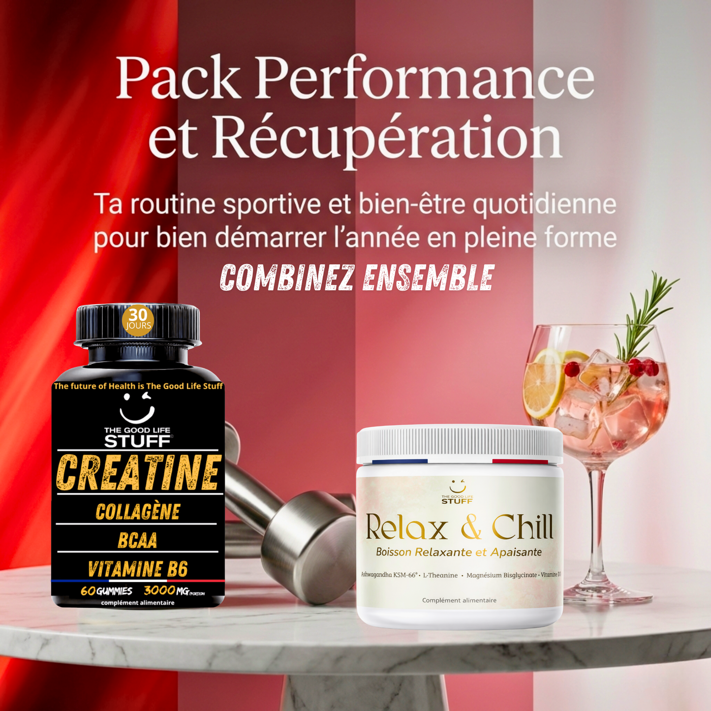 Supplement products with a glass of lemonade on a table against a red and white background.