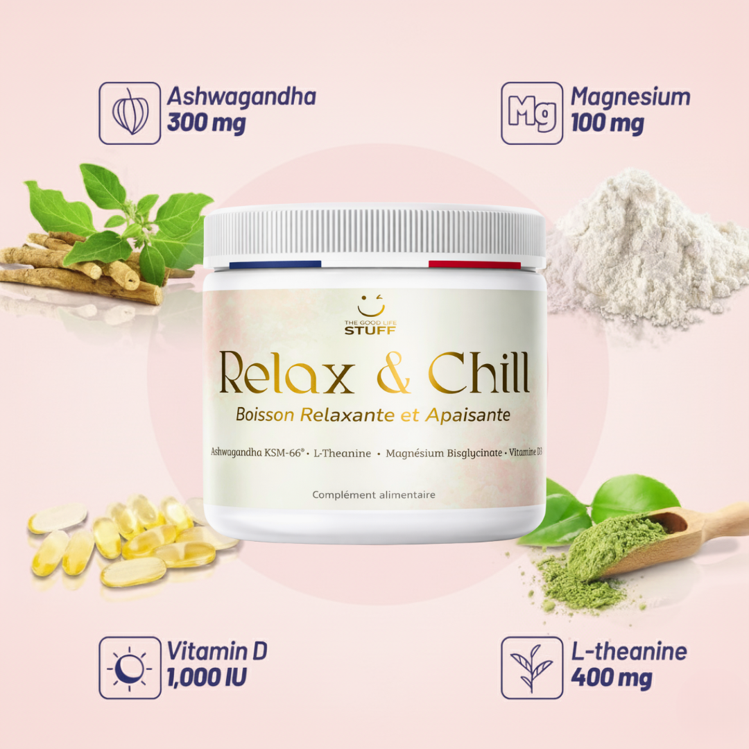 Container of 'Relax & Chill' supplement with ingredients on a pink background